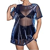 SHENHE Women's Plus Size Sexy See Through Mesh Short Sleeve Party Night Loose Tshirt Dress
