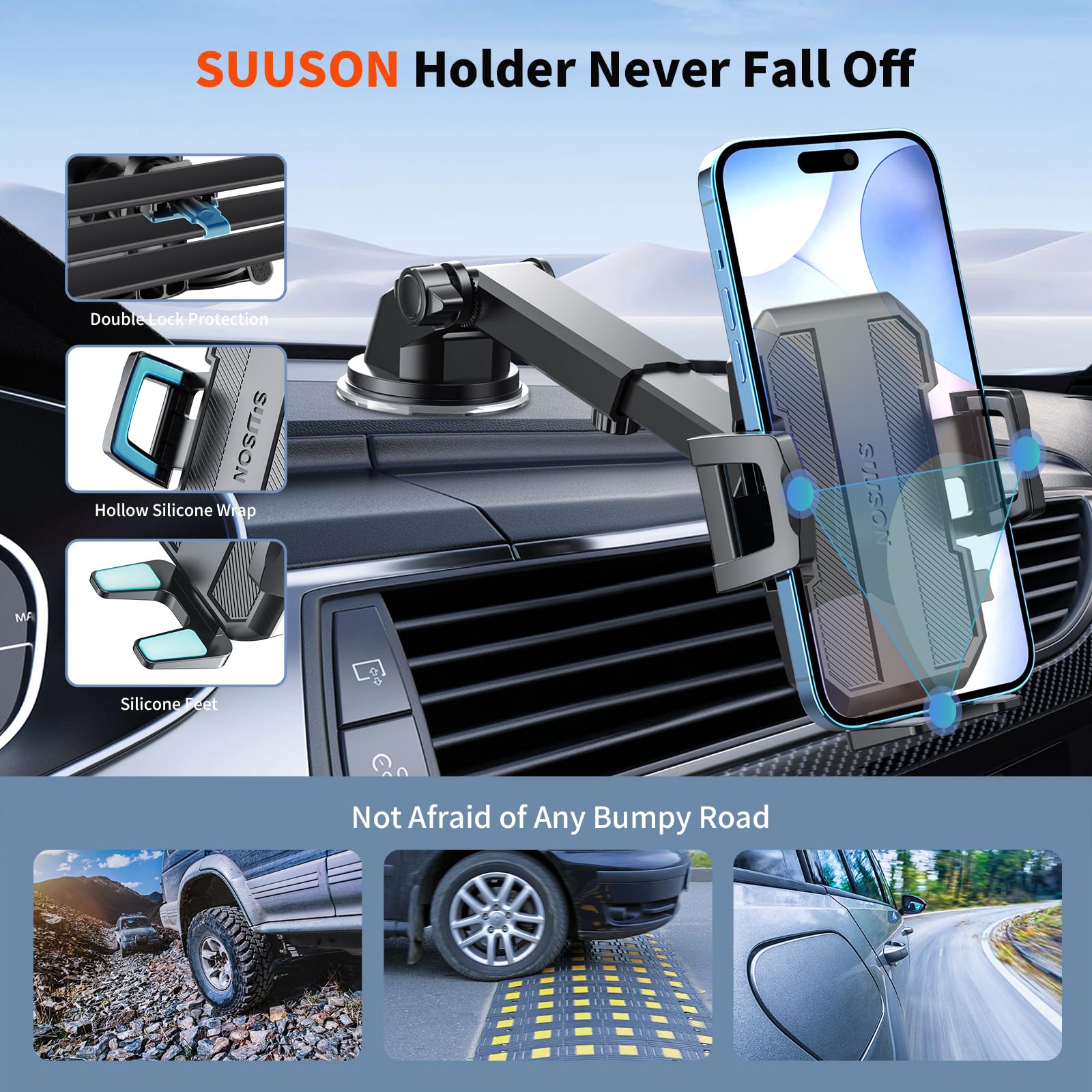 Upgraded 3-in-1 Car Phone Holder Mount [Powerful Suction] Phone Mount for Car Dashboard Air Vent Windshield,for All iPhone Android Phone (Black)