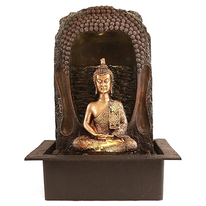 Chronikle Buddha Polystone Steps Indoor Table Top Water Fountain with LED Lights and Water Pump (Brown, 42cm X 30cm X 27cm)