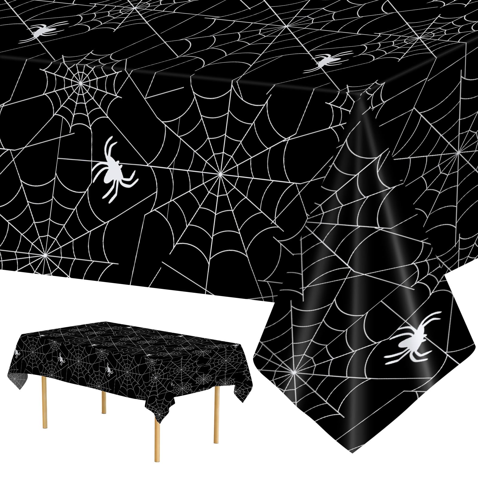 Photo 1 of 2 Pcs Halloween Tablecloth - Plastic Halloweens Spider Webs Table Cloth, Black Disposable Rectangle Spiderweb Table Cover for Halloween Party Decorations Supplies Favors Tables Decor, 108 x 54 Inch