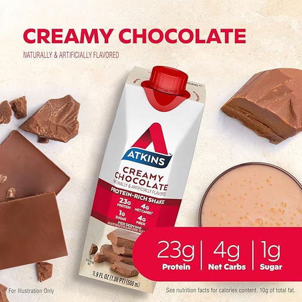 ATKINS CREAMY CHOCOLATE MEAL SIZE PROTEIN SHAKE, 23G PROTEIN, LOW GLYCEMIC, 4G NET CARB, 1G SUGAR, KETO FRIENDLY, 12 COUNT