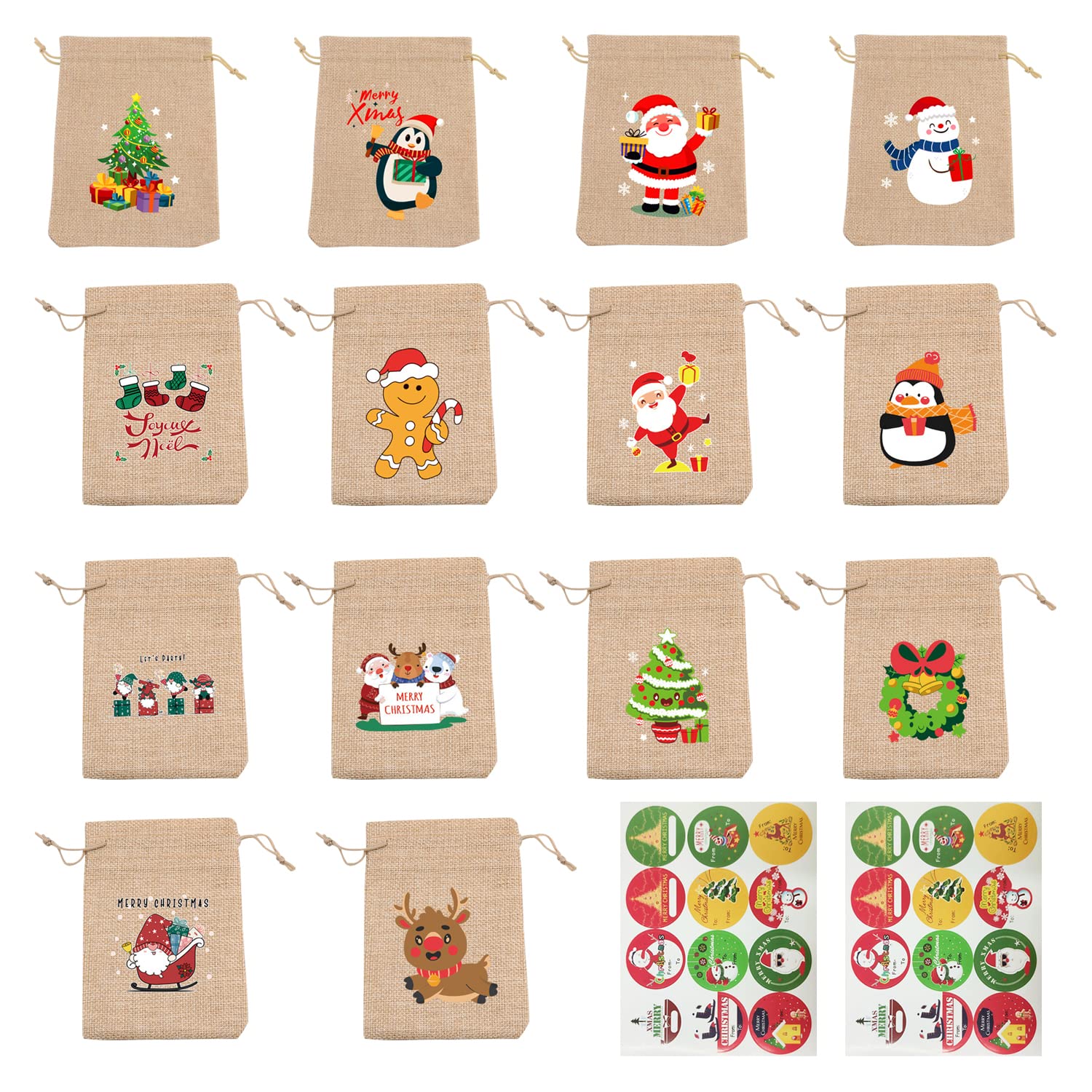 14-Pack Christmas Bag with 2 PCS Christmas Stickers, Christmas Candy Bag, Burlap Mini Bag, Gift Bag with Drawstring, Kids Christmas Party Supplies for Gift Wrapping, Holiday Party.