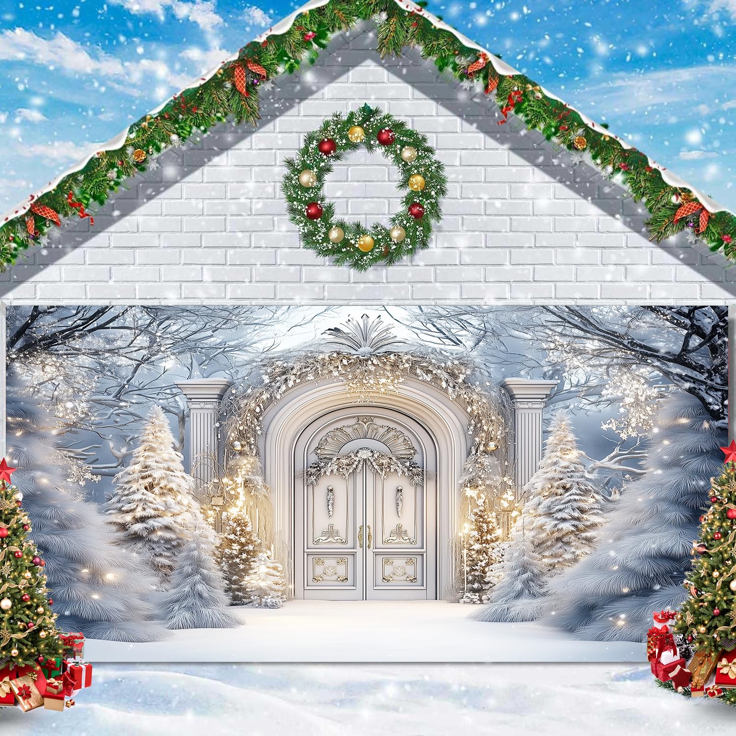 Photo 1 of 6X13ft Winter Palace Blue Christmas Garage Door Decoration Background Retro Xmas Snowflake Wonderland Christmas Decoration Photo Backdrops Kids Children Birthday Party Outdoor Indoor Banner Cover