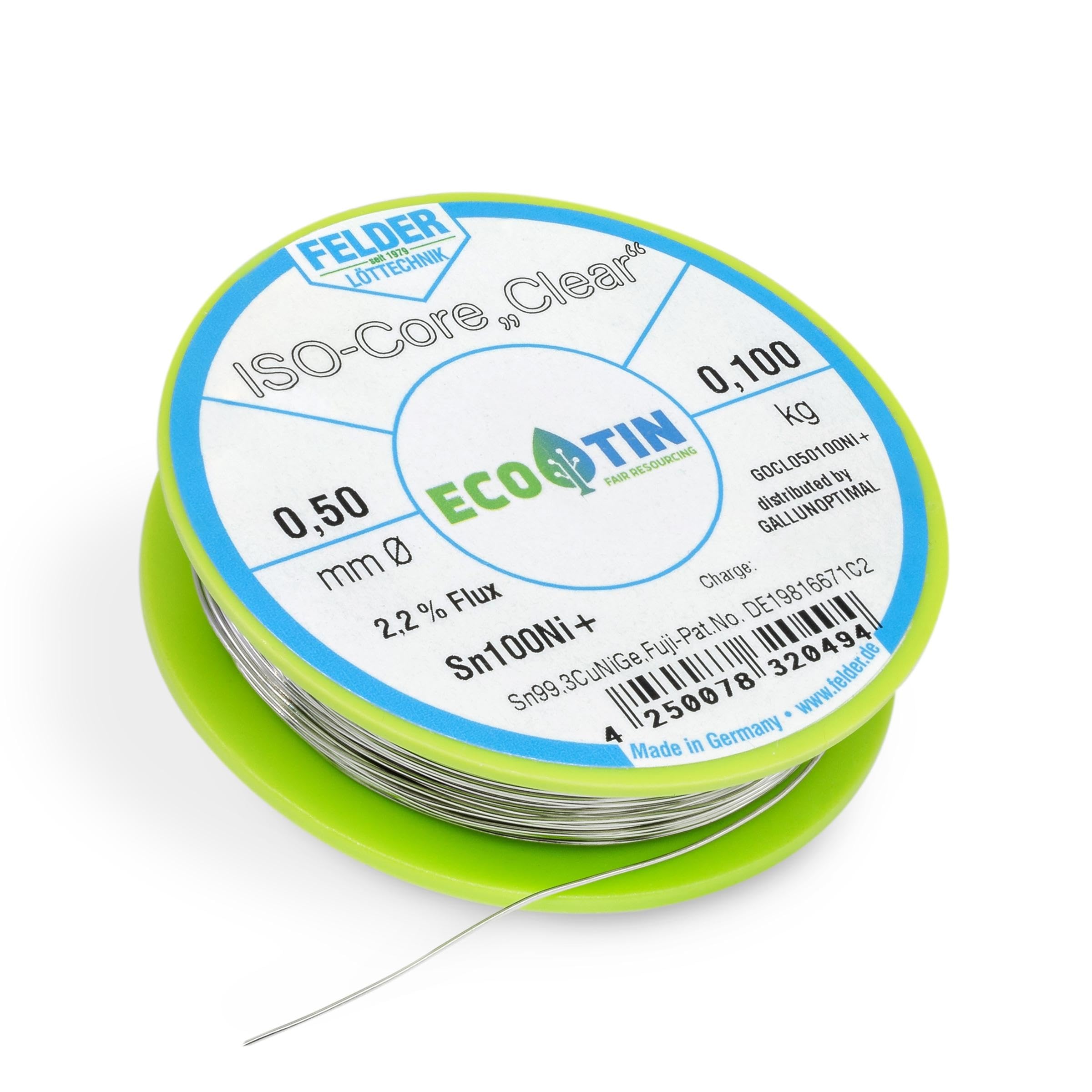 Felder FCL050100Ni+ Solder ISO Core Solder Wire Clear Sn100Ni+ Sn99,3CuNiGe 0.5 mm on 100 g Spool