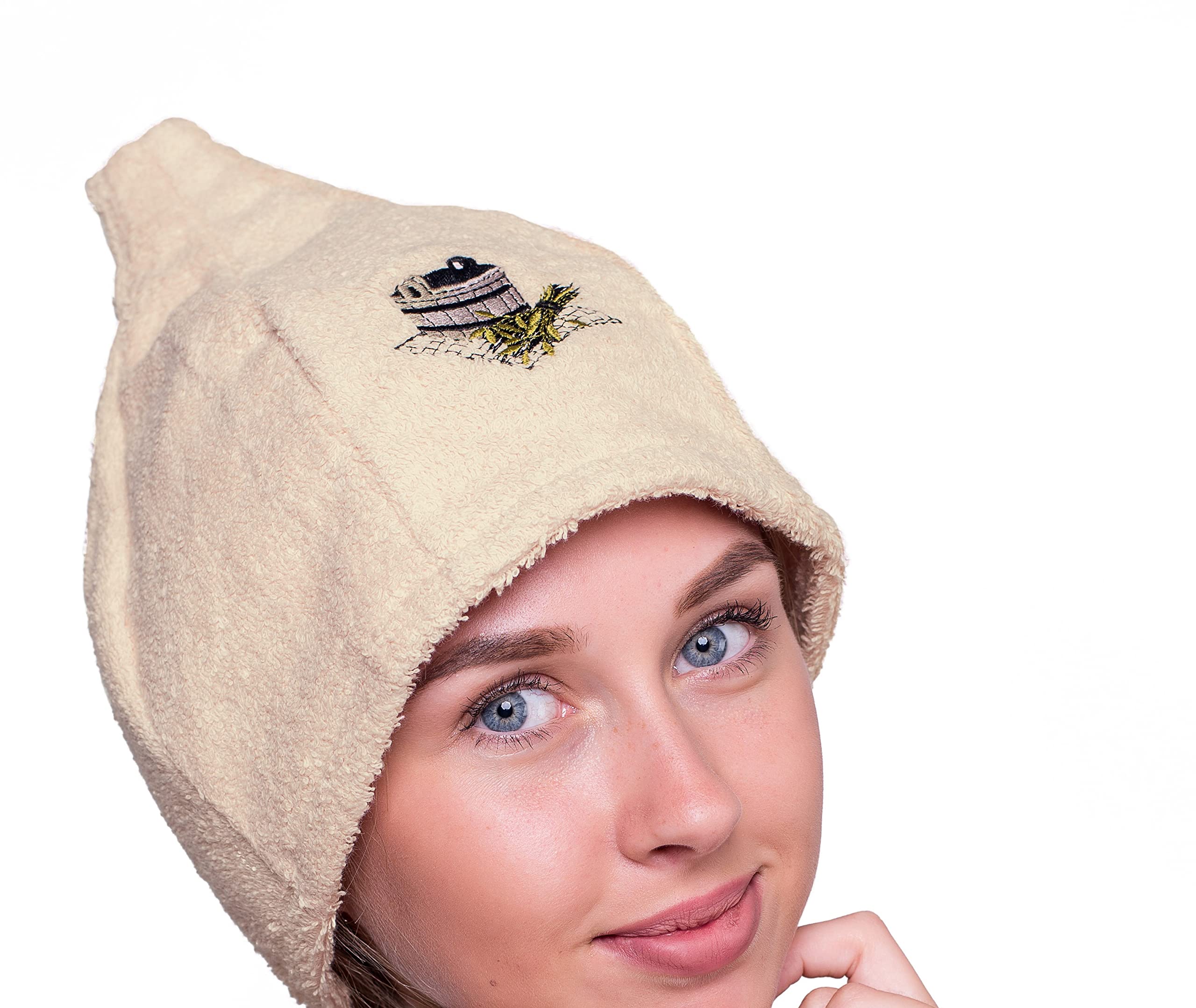 Ger3as Sauna Hat for Men and Women 100% Cotton with Embroidery Wellness Hat (UK, Numeric, 6 7/8, 7 1/2, Beige)