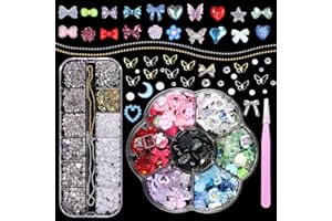 ANOLEAIR Assorted 3D Nail Charms, Nail Charms and Flatback Pearls Gems Set, Flower Butterfly Bows 3D Nail Art Charms, Nail Charms and Gems Nail Decals Nail Pearls for Nail Art DIY with Pickup Tools