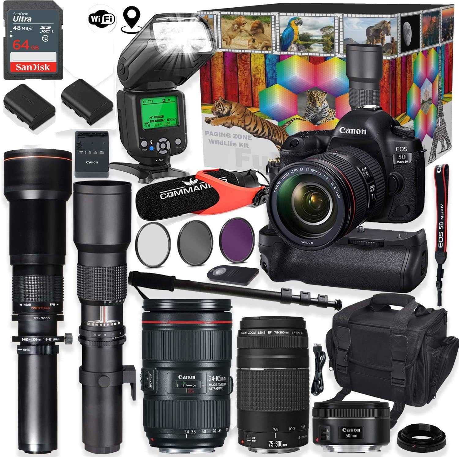 50mm F 1 8 75 300mm Lenses 500mm 650 1300mm Preset Telephoto Commander Optics Wildlife Bundle Canon Eos 5d Mark Iv Dslr Camera 5 Lens Professional Bundle With Canon 24 105mm Usm Digital Cameras Electronics