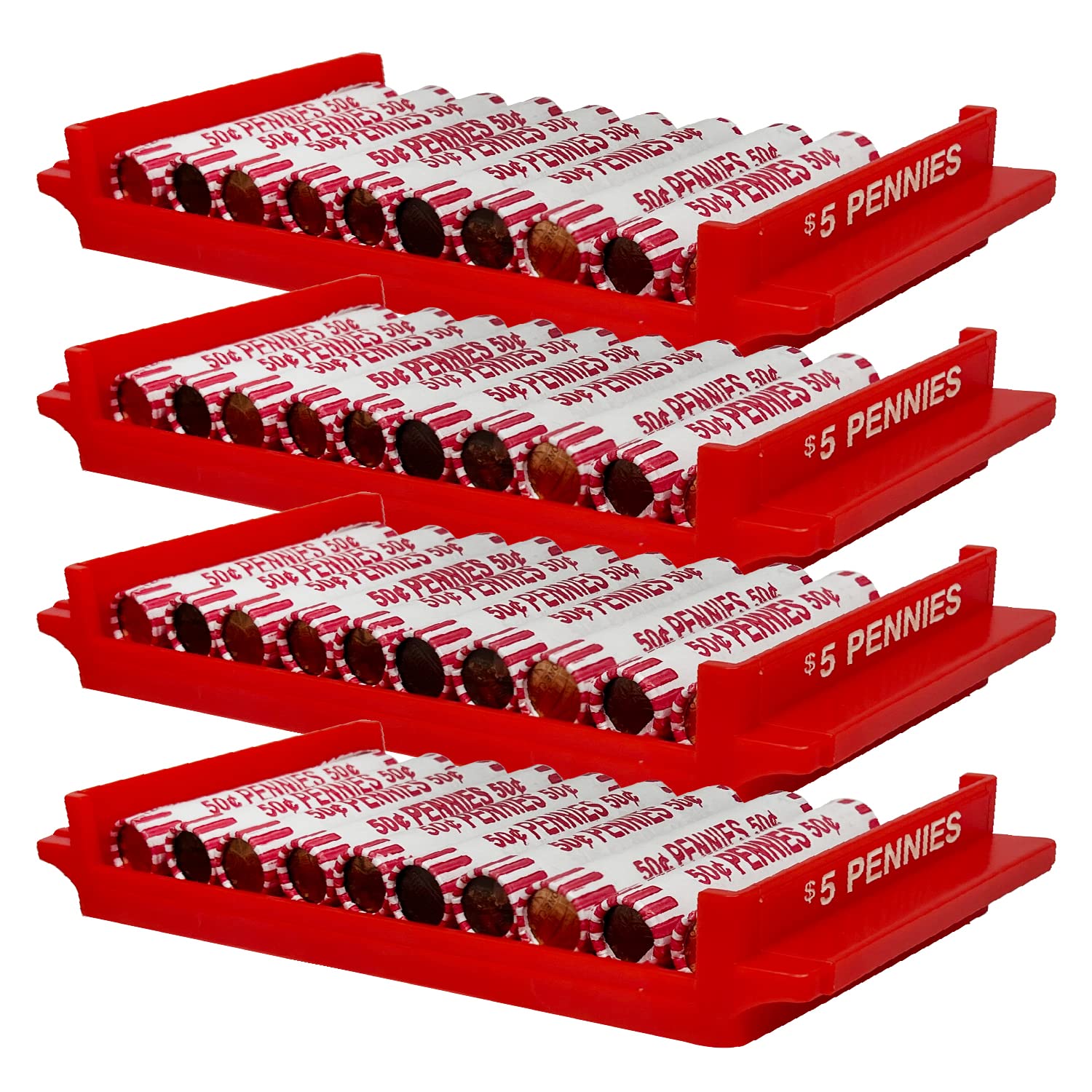 Heavy Duty Pennies Coin Trays with Wrappers - Holds Up to $5 in Pennies Per Tray – Stackable Organizer for Coin Rolls and Loose Change - for Retail, Business, Personal Use - 4 Penny Trays Image