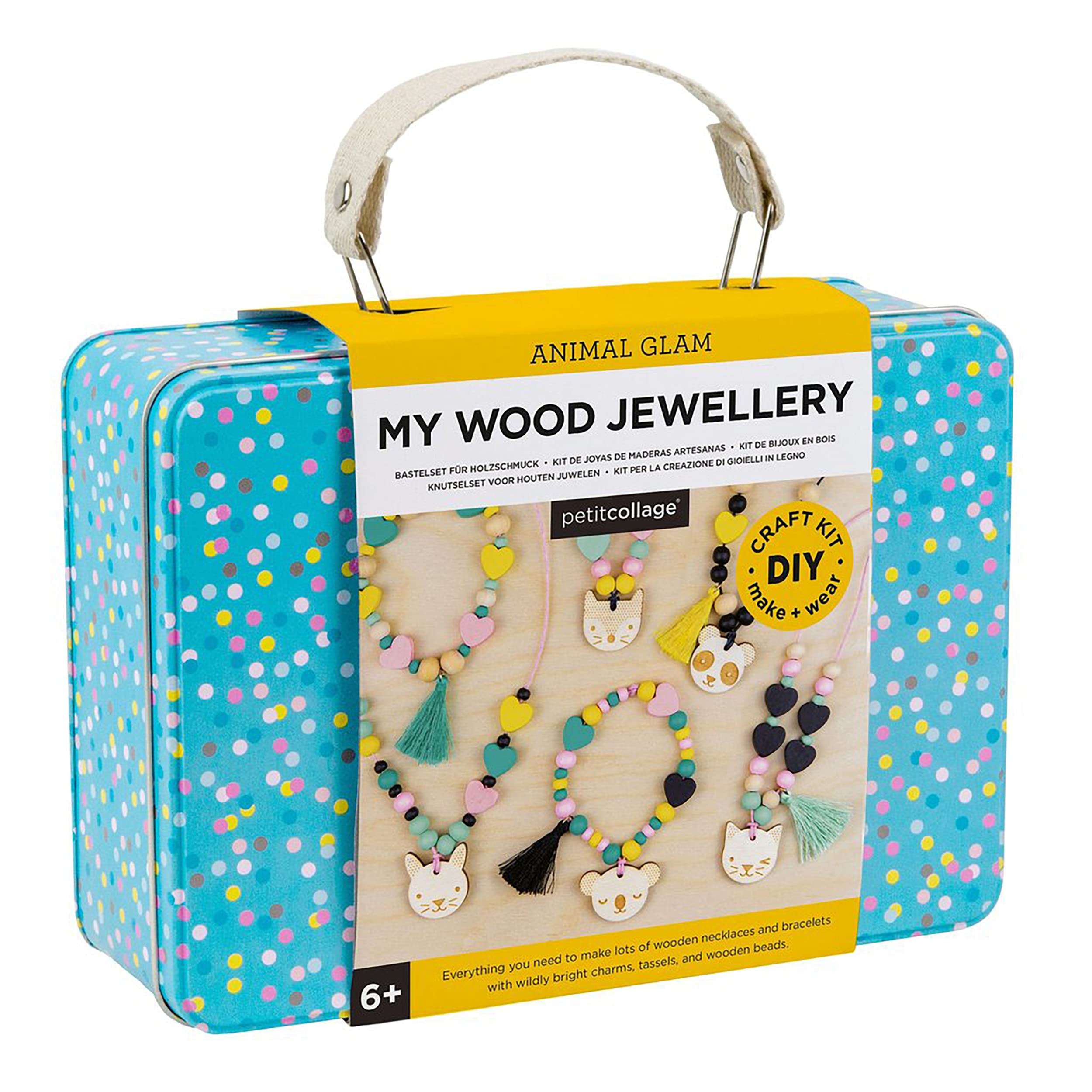 Petit Collage Animal Glam Wood Jewellery Set Craft Kit– Activity Set to Make Charm Bracelets and Necklaces for Women – Creative Toys for Ages 6+ – Ideal Crafts for Kids