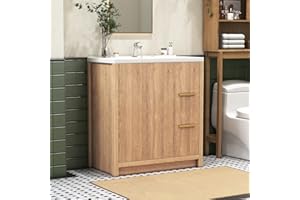 32 Inch Bathroom Vanity with Ceramic Sink, Small Bathroom Sink Cabinet with Fluted Doors and 2 Drawers, Single Sink Bath vani