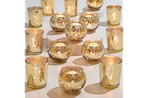 DEVI 24pcs Assorted Gold Votive Candle Holders, Mercury Glass Candle Holder, Diwali Decorations, Gold Wedding Centerpieces for Tables, Bridal Shower Party Table Decorations