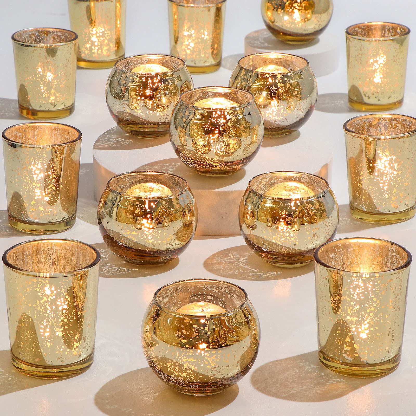 Photo 1 of ***ONLY 3 CANDLE HOLDER****DEVI 24pcs Assorted Gold Votive Candle Holders, Mercury Glass Candle Holder, Diwali Decorations, Gold Wedding Centerpieces for Tables, Gold Bridal Shower PartyTable Decorations