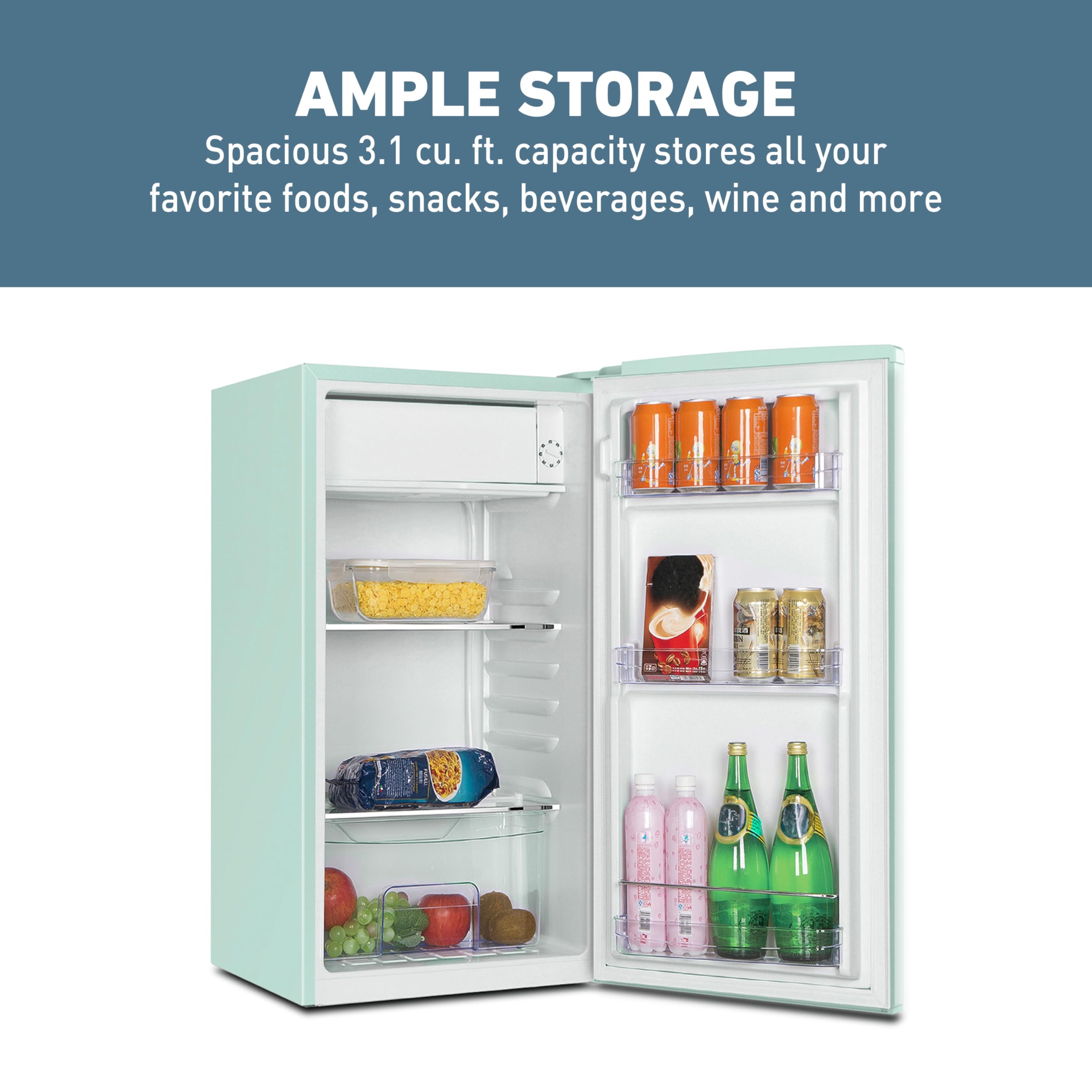 West Bend Mini Fridge for Bedroom, Office, Bar or College Dorm Room, Retro Compact Refrigerator features single door, glass shelves and adjustable temperature control, 3.0-Cu.Ft., Seafoam Green