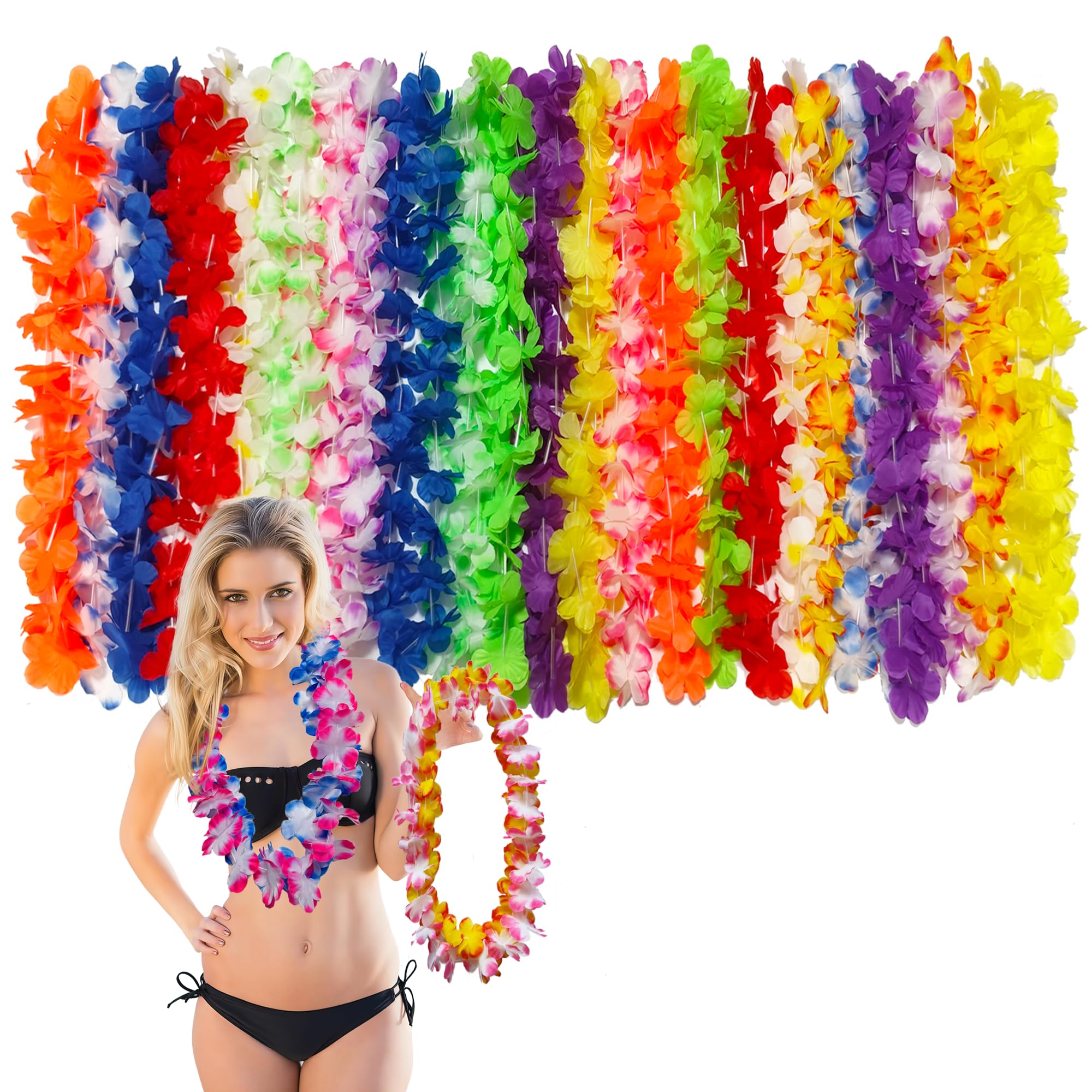Photo 1 of 24Pcs Hawaiian Leis for Luau Party Decor, Colorful Flower Necklace,Tropical Hawaiian Bulk Hula Dance Party Decor, Summer Beach Pool Decorations Favors Supplies.