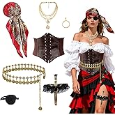 YMO Pirate Costume Women with Head Scarf Necklace Waist Chain Belt Corset Pirate Accessories Women For Halloween Cosplay Costume