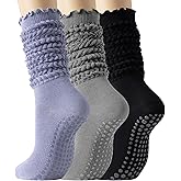 TOAMOUR Pilates Socks with Grips for Women, 3 Pairs Long Scrunch Non Slip Yoga Barre Home Slouch Socks