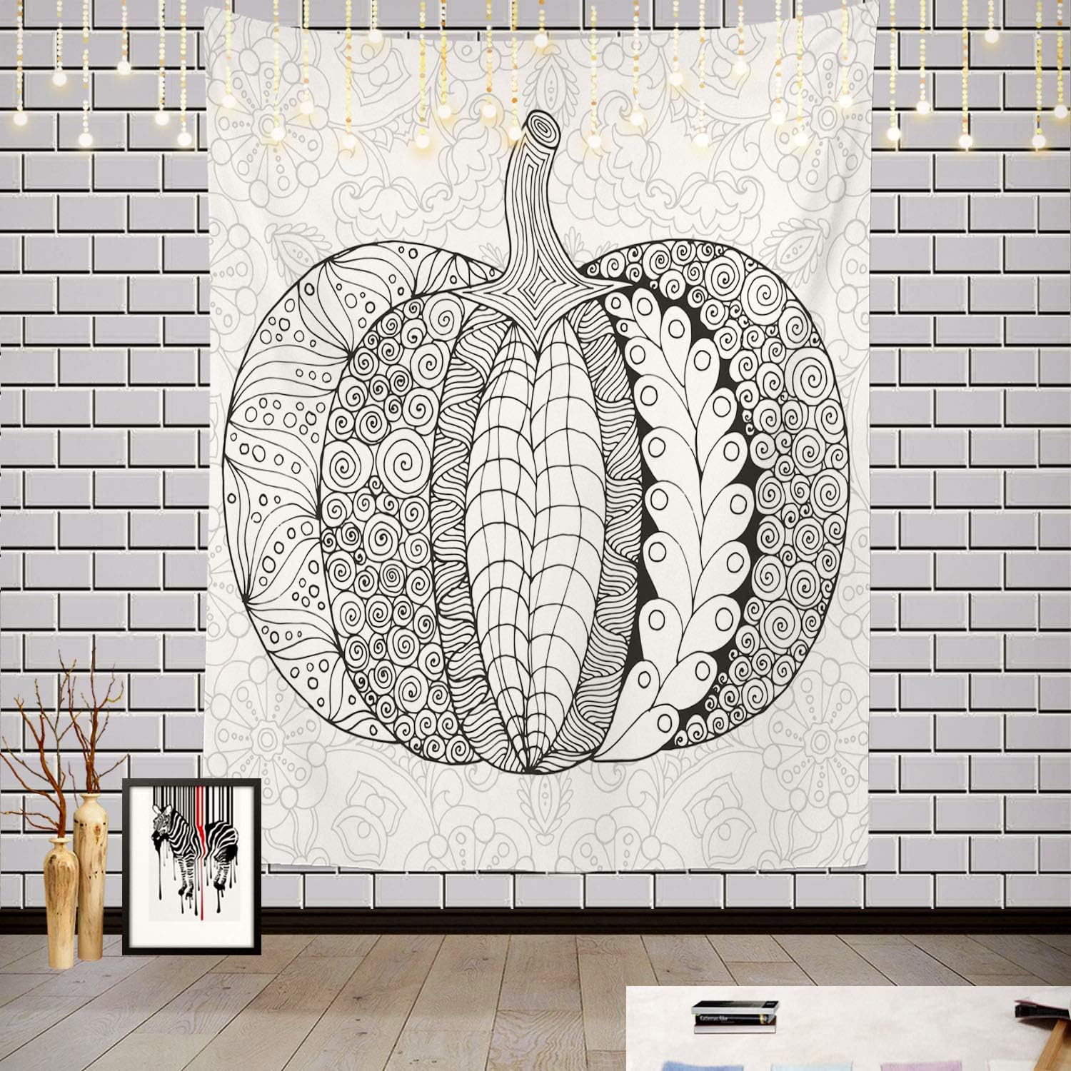 Batmerry Black White Autumn Tapestry, Autumn Colors Turkey Leaves Thanksgiving Picnic Mat Hippie Trippy Tapestry Wall Art Meditation Decor for Bedroom Living Room, 59.1 x 51.2 Inches, Black White 4