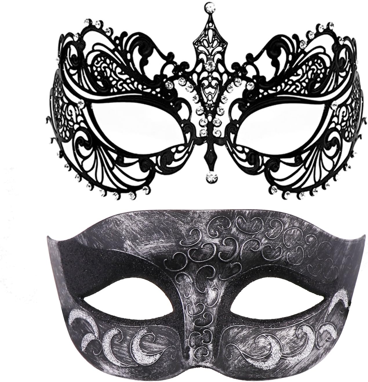 Thmyo 2 Pack Venetian Masquerade Mask for Couples Mardi Gras Halloween Ball Mask (Antique Silver black & black 2)