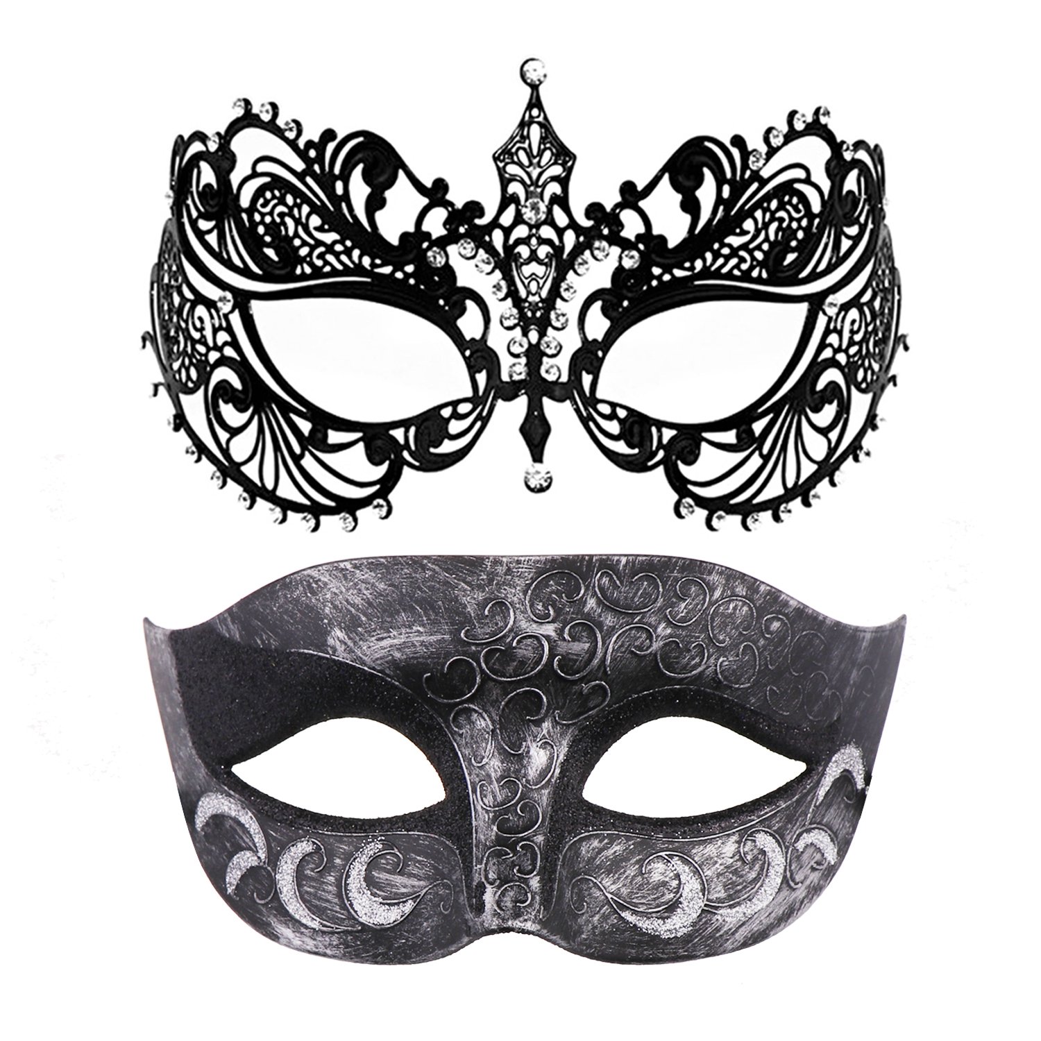 Thmyo 2 Pack Venetian Masquerade Mask for Couples, Mardi Gras Halloween Ball Mask (Antique Silver black & black 2)