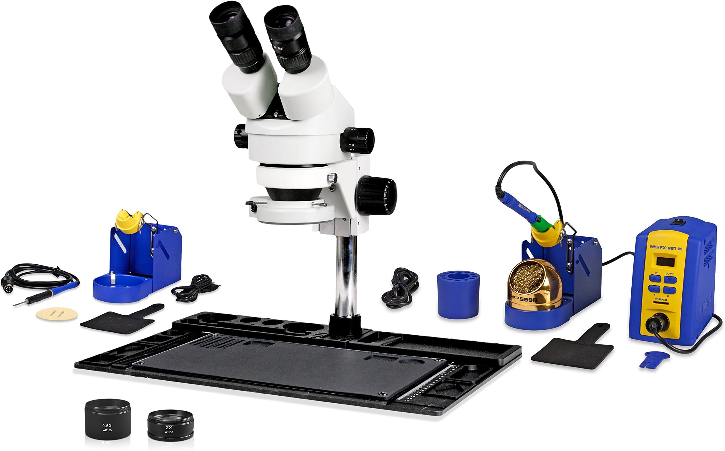 Vision Scientific VS-10EZ-IFR07-SD1 Binocular Stereo Zoom 7x-45x Microscope, Hakko Single Port Solder Station FX-951 and Micro-Soldering Kit Fm-2032, 144-LED Light, Cell Phone Repair Platform