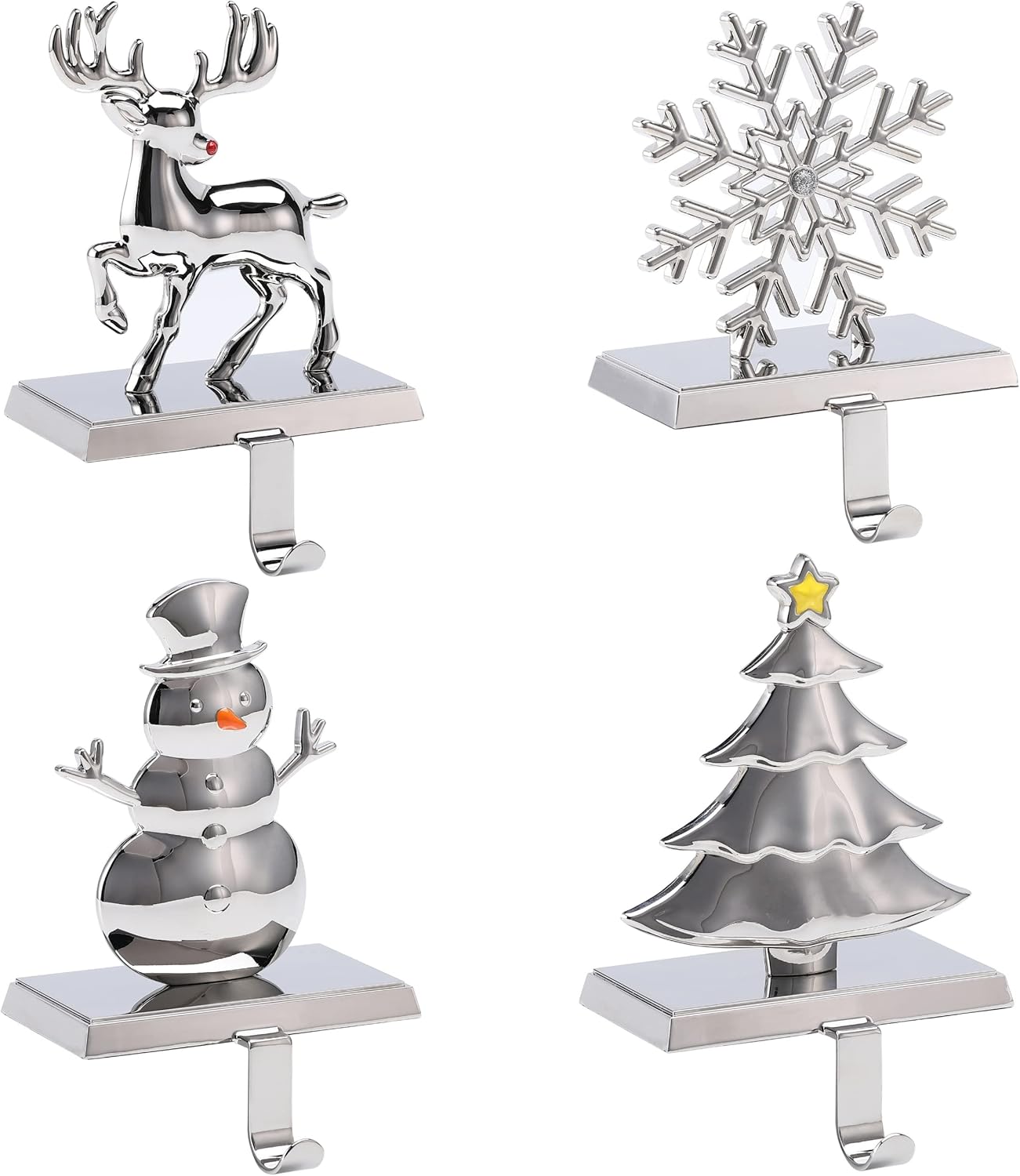 Stockings & Holders - BIRDROCK HOME Set of 4 Christmas Stocking Holders for Mantle - Holiday Decorations - Tree, Snowman, Reindeer and Snowflake - Mantel Fireplace Stand - Metal Hanger for Stockings