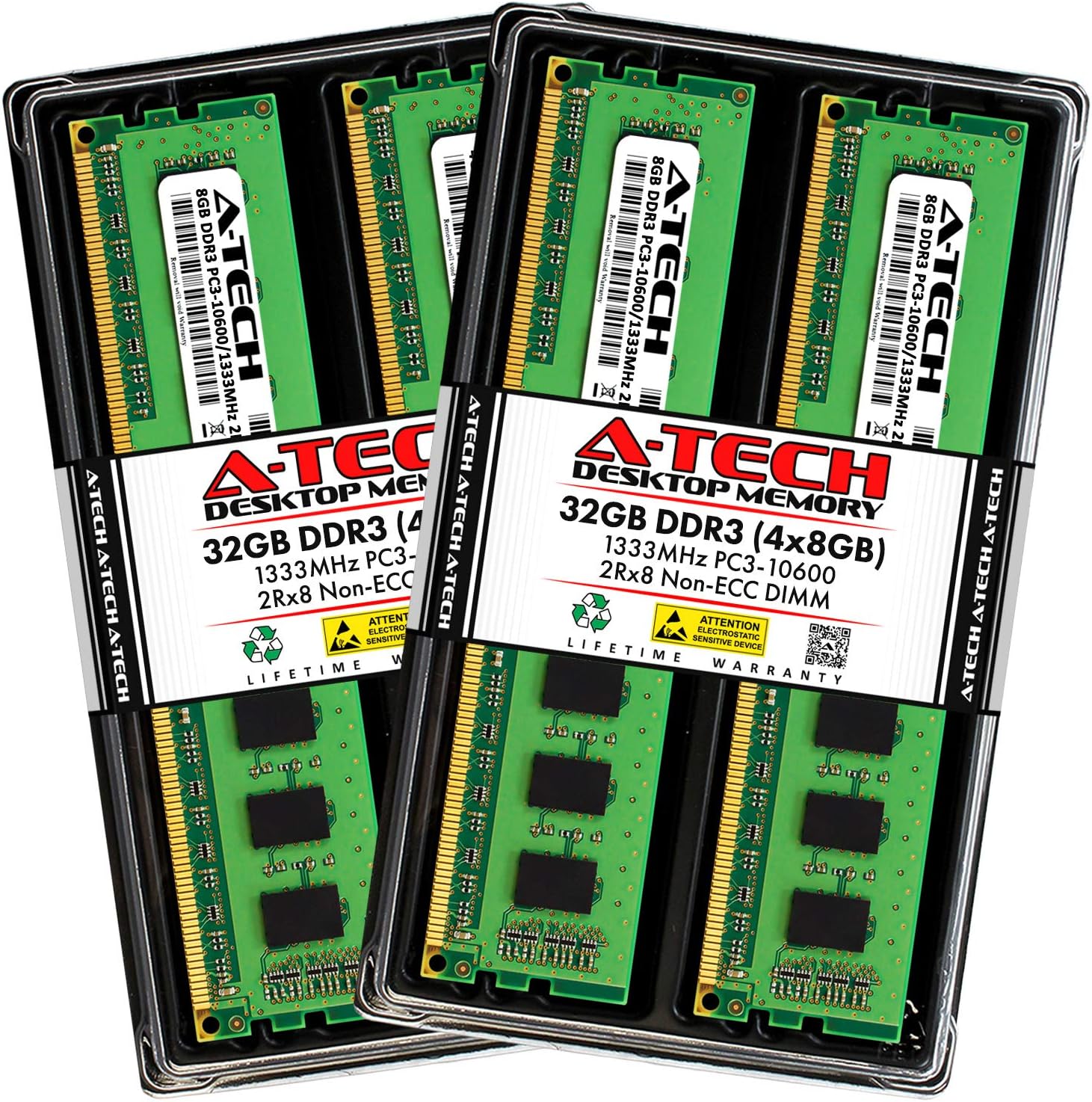 A-Tech 32GB (4x8GB) DDR3 1333MHz DIMM PC3-10600 2Rx8 Dual Rank 1.5V CL9 240-Pin Non-ECC UDIMM Desktop RAM Memory Upgrade Kit