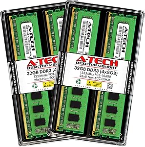 A-Tech 32GB (4x8GB) DDR3 1333MHz DIMM PC3-10600 2Rx8 Dual Rank 1.5V CL9 240-Pin Non-ECC UDIMM Desktop RAM Memory Upgrade Kit