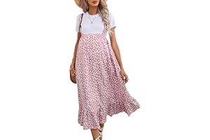 KOJOOIN High Waisted Maternity Midi Skirt Summer Casual Boho Flowy Ruffle Adjustable Suspender Skirt Photoshoot Baby Shower
