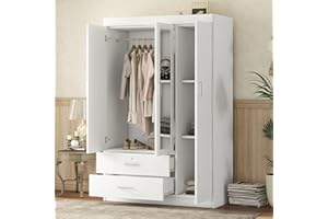LZ LEISURE ZONE 3 Doors Wardrobe Closet with Mirror Door, Freestanding Armoire Wardrobe Closet with Drawers, Shelves and Hanging Rod, Bedroom Armoires Wardrobe Cabinet Clothes Organizer, White