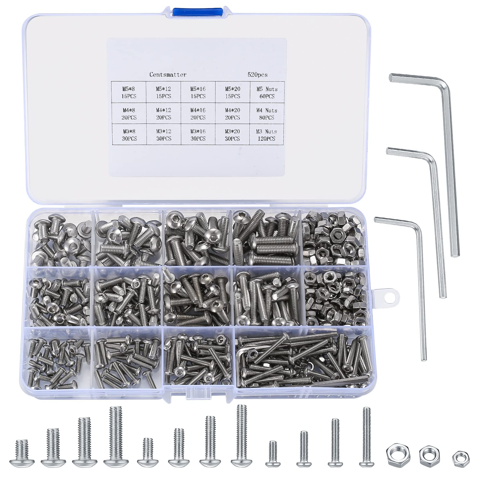 520 Pcs Stainless Steel Hex Socket Button Head Bolts and Nuts Assortment Kit, M3 M4 M5, With 3 Pcs Hex Wrenches