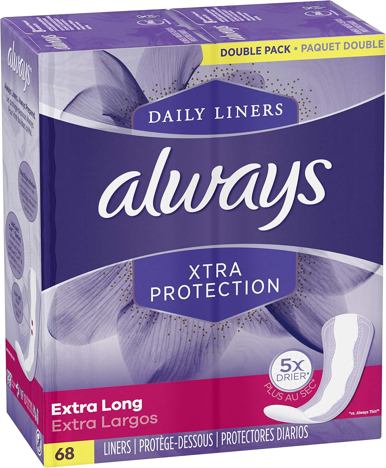 Always Xtra Protection Daily Feminine Panty Liners for Women, Extra Long, Unscented, 68 Count - Pack of 4 (272 Count Total): Health & Personal Care