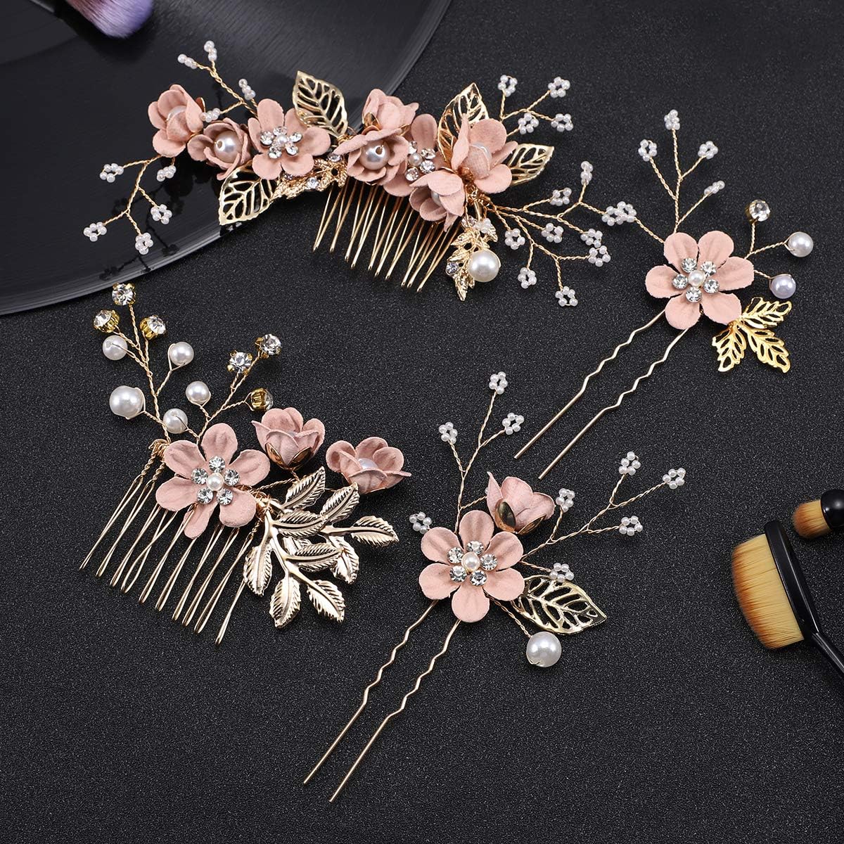 Toyvian Rhinestone Hair Combs Floral Bridal Headpiece Crystals Headband Decorative Bridal Headband for Wedding Party (Pink) - Image 3