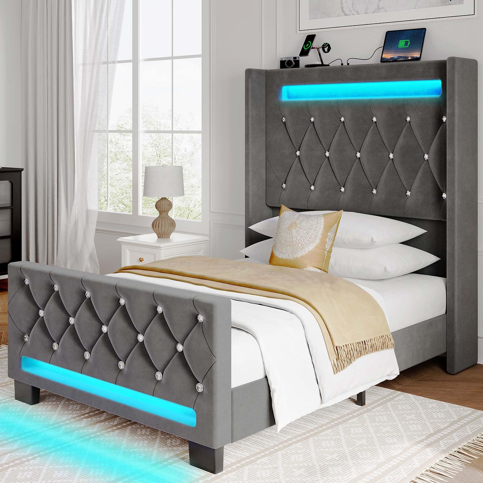 Rolanstar Twin Bed Frame with LED Light and Charging Station, Upholstered High Headboard and Footboard, Wood Slats, Noise Free, Easy Assembly, Grey Image