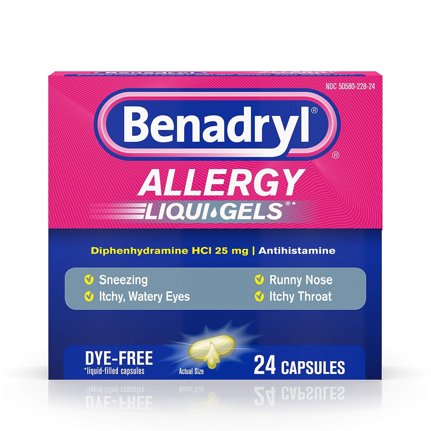 Benadryl Liqui-Gels Antihistamine Allergy Medicine & Cold Relief, Dye Free, 24 ct: Prime Pantry