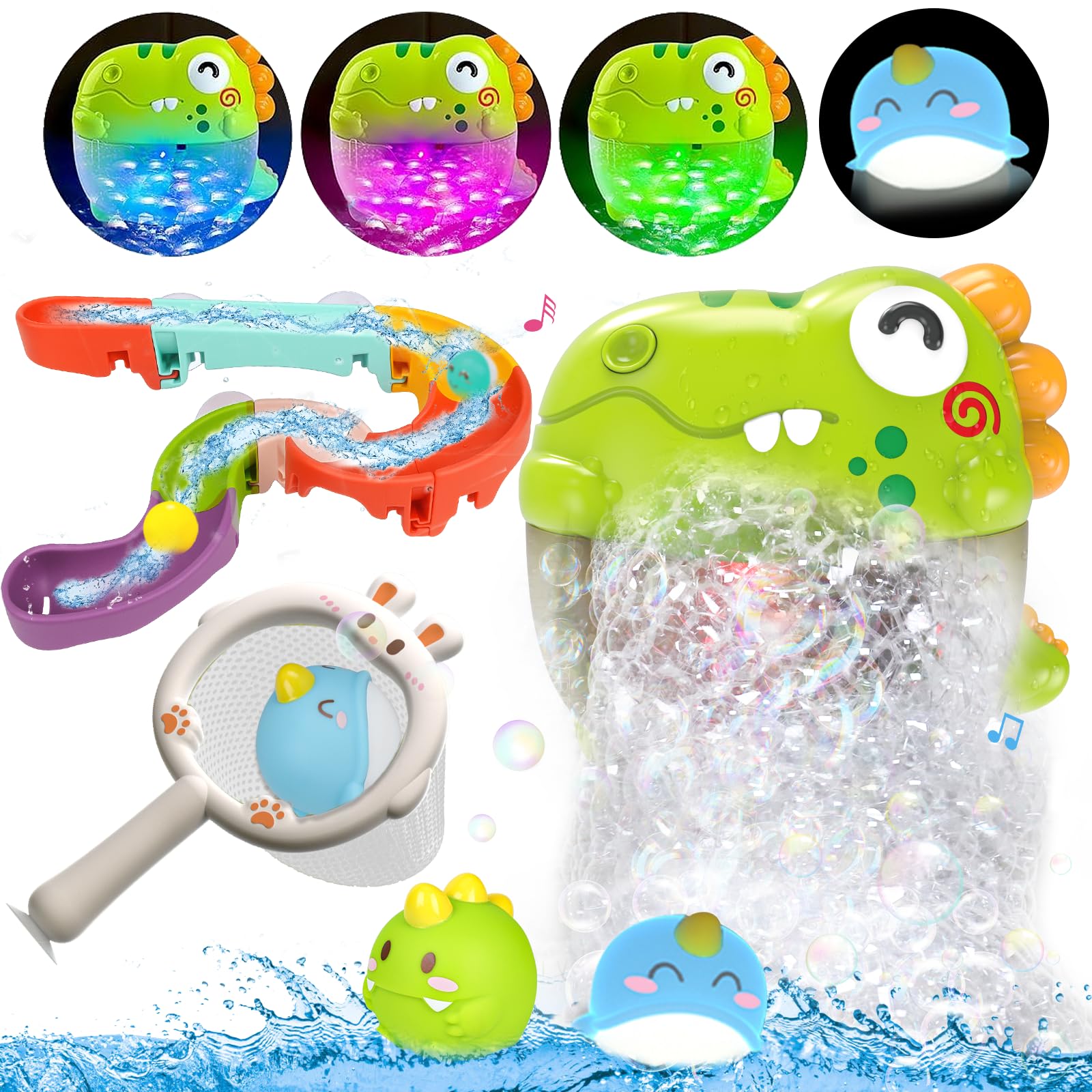 Toddler Bubble Bath Toys, Light Up Bath Bubble Machine Toy for Kids Age 3-5 Baby Bathtub Toy Slide Dinosaur Bubbles Maker with Music Floating Animal Water Toys Boy Girl Easter Birthday Gift