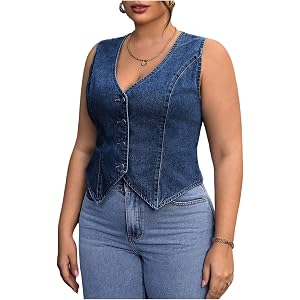 WDIRARA Women's Plus Size V Neck Vest Denim Jacket Jean Waistcoat | Button Down ，Sleeveless
