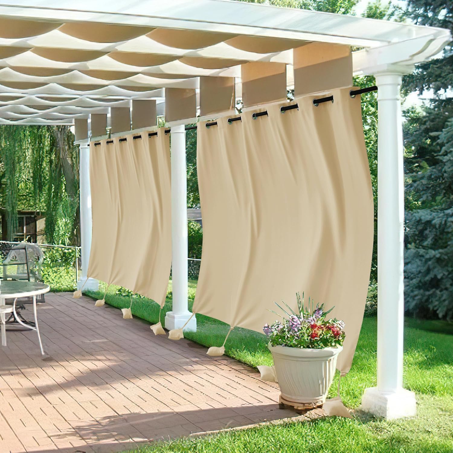 Outdoor Curtains - RYB HOME Extra Wide Outdoor Curtains Windproof, Blackout Waterproof Privacy Outside Curtains for Patio Pergola Pool Hut Screen Porch Outside Deck, W 84 x L 96 inch, Beige, 2 Panels