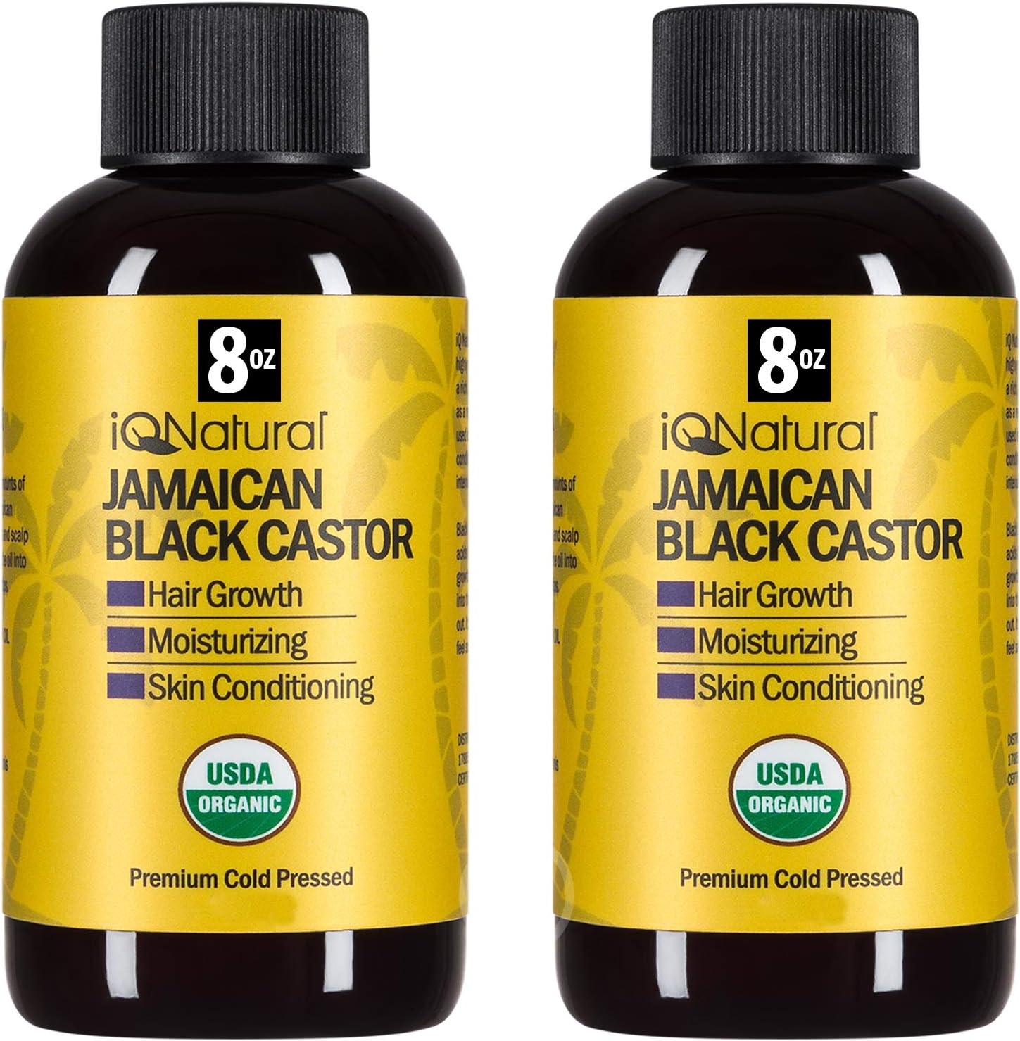 Jamaican Black Castor Oil USDA Certified Organic for Hair Growth and Skin Conditioning - 100% Cold-Pressed 8oz bottle by IQ Natural (2 PACK KIT)