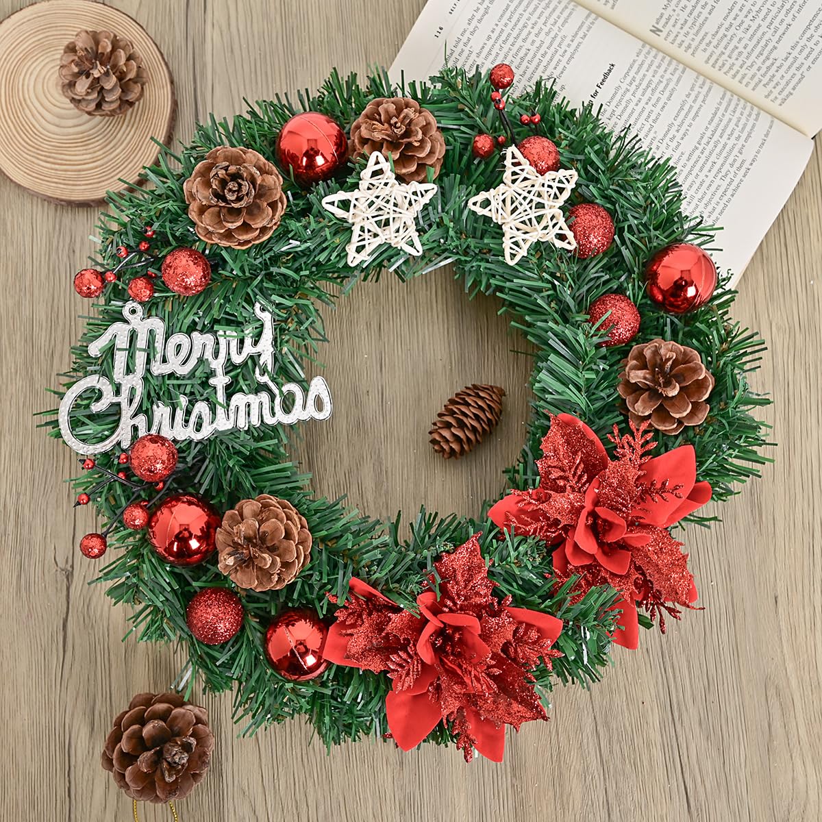 ZYOOO 35cm Christmas Wreath,Artificial Front Door Wreath with Merry Christmas,Wall Window Garland for Home Garden Farmhouse Christmas Decoration