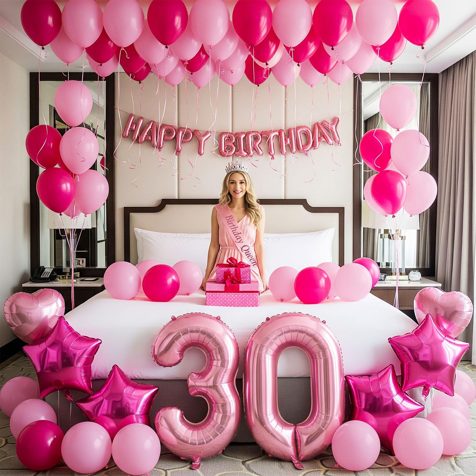 Photo 1 of 30th Birthday Party Decorations for Her 30 Sash and Tiara happybirthday letter 30 Number Balloons Hot pink and pink balloons Star heart balloons 30th Birthday Gifts for Her