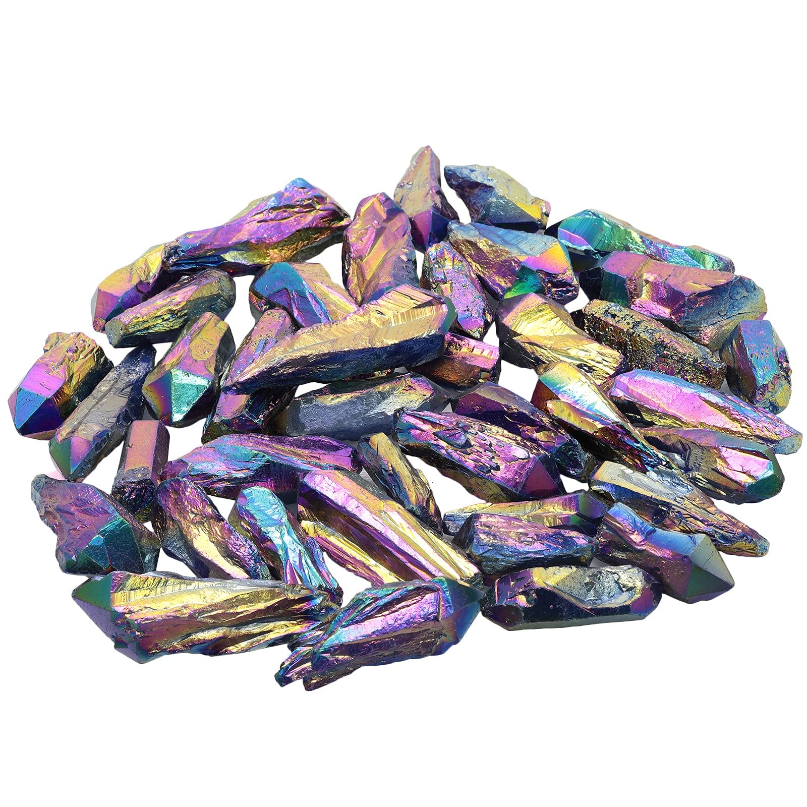 KYEYGWO 1 lb Titanium Coated Raw Rock Crystal Points Bulk Irregular Rough Quartz Stone Wands Kit Without Drilled for Jewellery Making DIY Art Craft, Colorful