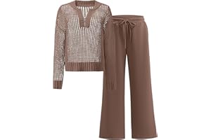 ANRABESS Womens 2 Piece Outfits 2025 Fall Crochet Knit Half Zip Sweater Top Wide Leg Pant Travel Matching Sets Lounge Clothes