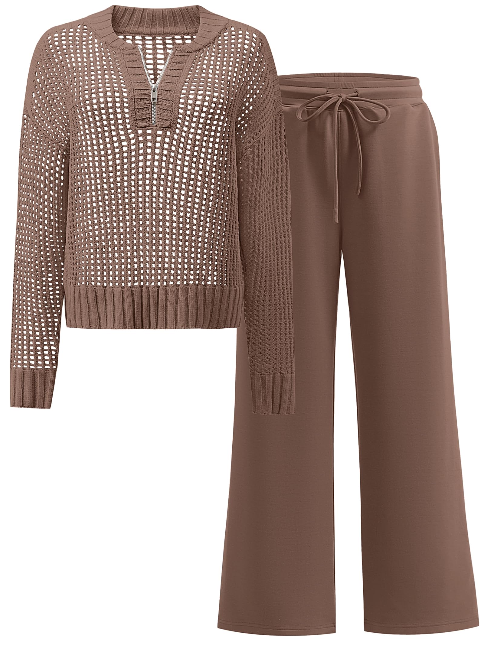 Photo 1 of ANRABESS Womens 2 Piece Outfits 2025 Fall Crochet Knit Half Zip Sweater Top Wide Leg Pant Travel Matching Sets Lounge Clothes Brown Large