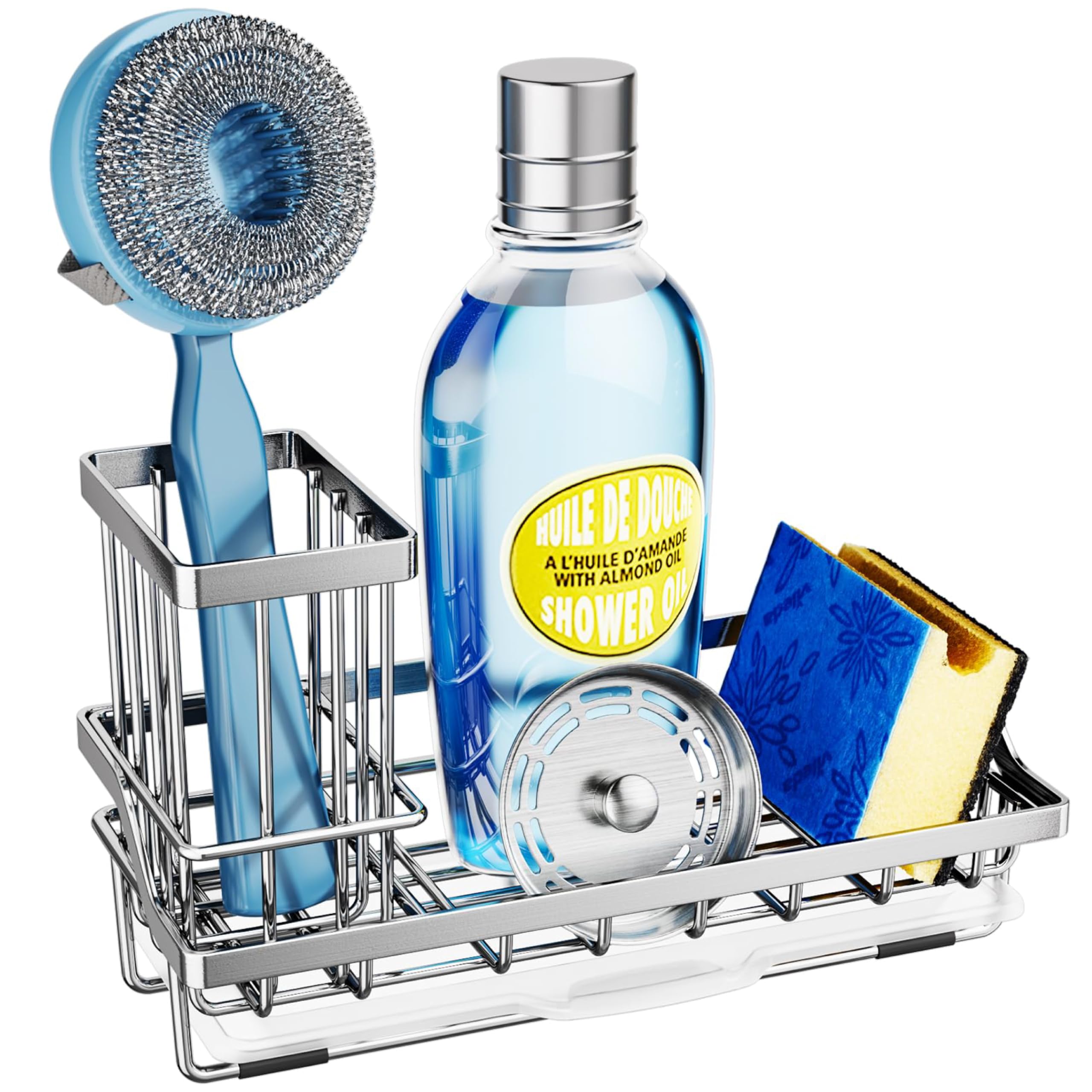 SWTYMIKI Sink Caddy, Kitchen Sponge Holder + Dish Brush Holder for Kitchen Sink, Soap Dispenser Organizers with Drip Tray for Countertop, Stainless Steel Rustproof - Silver