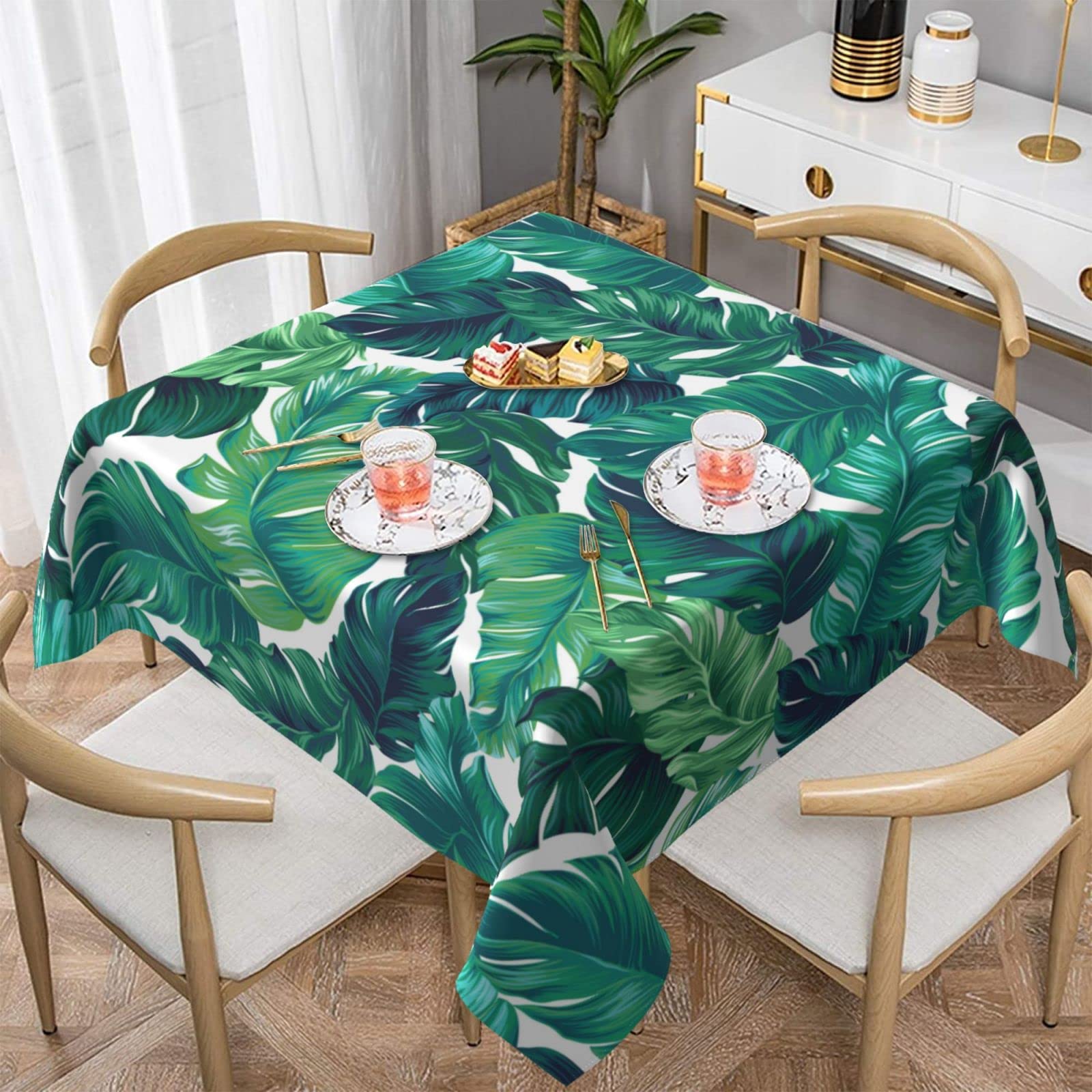 Photo 1 of Summer Tropical Hawaiian Leaves Turquoise Leaf Waterproof Picnic Party Square Table Cloth Cover Decorations Fabric 60 X 60 Inches square Tablecloth for 30-46 Inch Home Dining Room Kitchen Decor