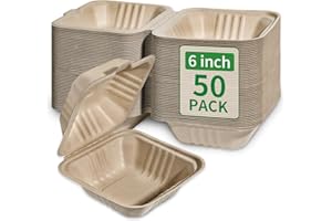 Aricsen Compostable 50 Pack 6x6 Inch Disposable Square Small Lunch Box Takeout Containers with Lid To Go Take Out Clamshell for Food, Eco-Friendly Biodegradable Bagasse, PFAS-Free, Unbleached Brown
