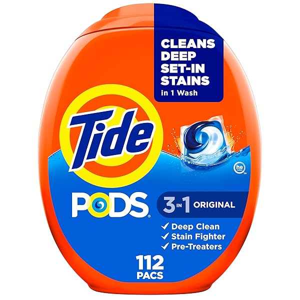 TIDE PODS LAUNDRY DETERGENT PACS, 3-IN-1 STAIN REMOVER, ODOR FIGHTER, COLOR PROTECTOR, 112 COUNT, HE COMPATIBLE, ORIGINAL SCENT