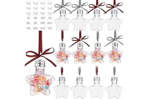 KAJAIA 12 Pcs Christmas Booze Balls Christmas Fillable Booze Tree Ornaments with Buffalo Plaid Ribbon Stickers Clear Plastic Xmas Booze Pendant Ball for Xmas Party (50ml,Star)