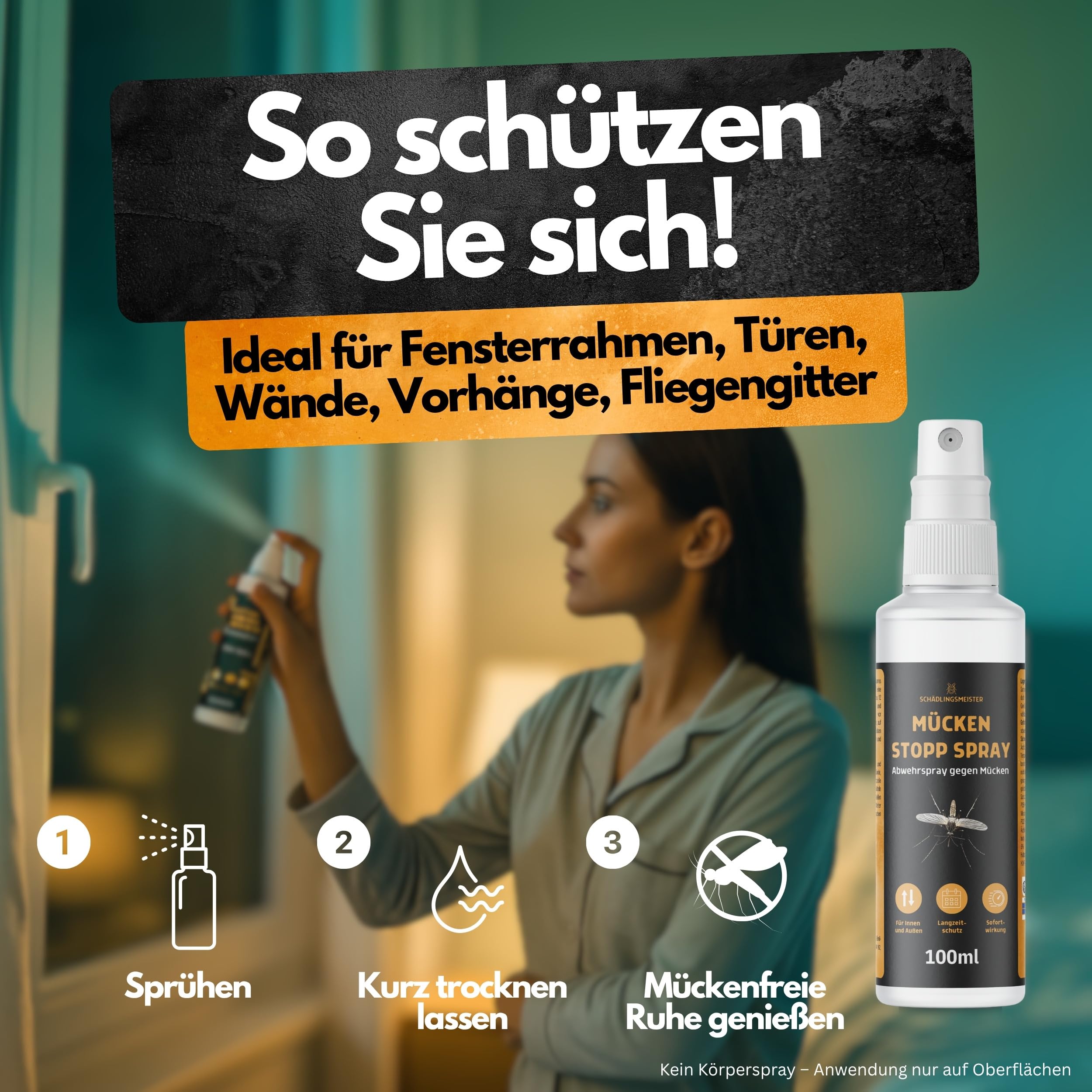 Mücken Stopp Spray – 100 ml – Mückenspray für Wohnung & Oberflächen - Hoch konzentriert – LANGZEITWIRKUNG – Für Innen & Außen – Anti Mückenspray – Mückenabwehr – Mücken bekämpfen – Mückenschutz Spray 4