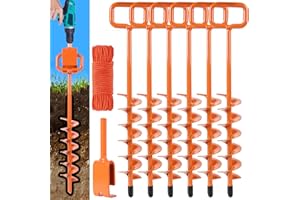 TOGXFUNI 2025 Heavy Duty Ground Anchors Screw in - Tent Stakes Heavy Duty, Orange Spiral Stakes for Trampoline, Camping & Hard Ground, Mobile Home Anchors (6PCS,15in)